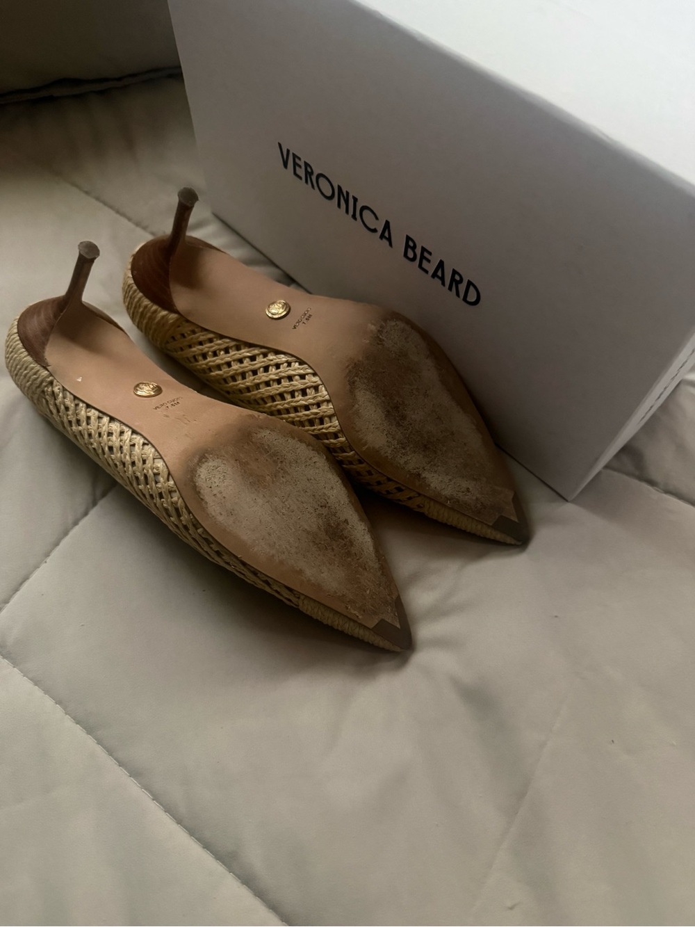Veronica Beard Beige Woven Pointed-Toe Kitten Heel Pumps - Picture 2 of 3